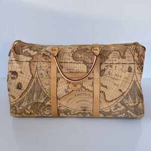 Allan Edward Leather Trim World Map Large Duffle Weekend Travel Bag Lock & Keys